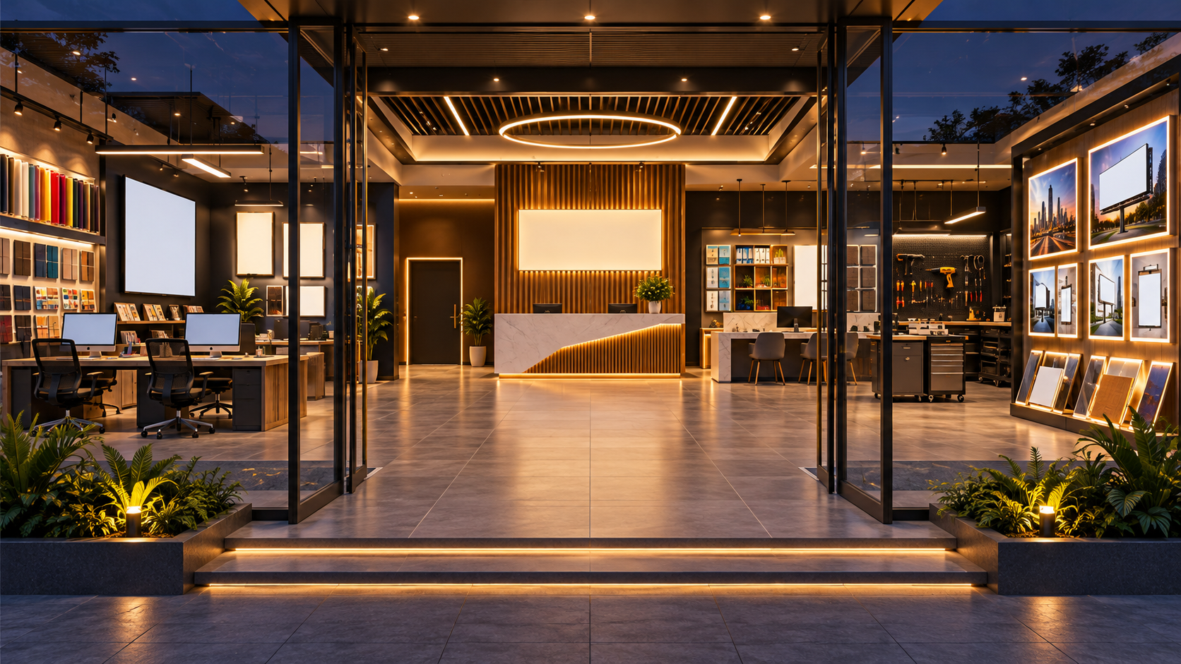 Không gian showroom 3D với các quầy dịch vụ của Quảng Cáo Ngọc Hân